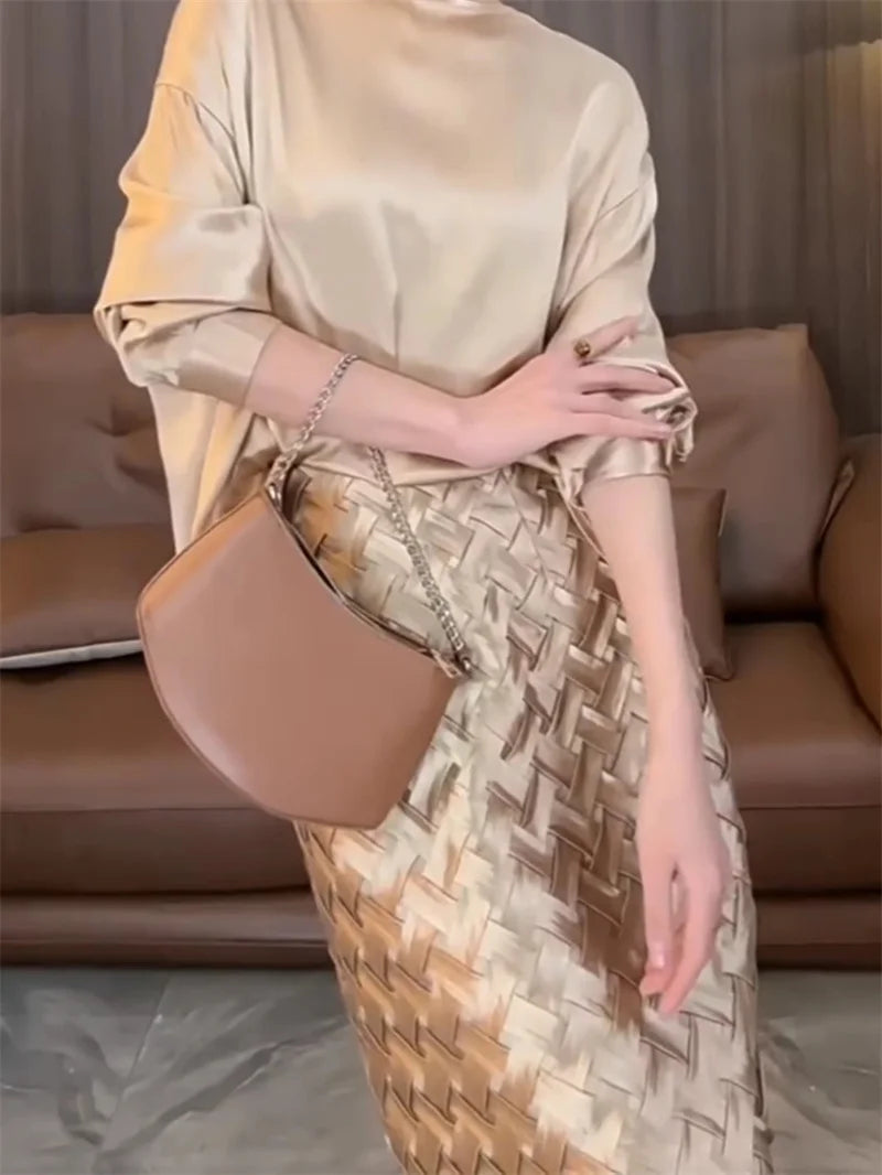 Luxury Women's Woven Satin Skirt Autumn New Fashion Office Lady Midi High Waist A Line Skirt Elegant Party Faldas Mujer 493P