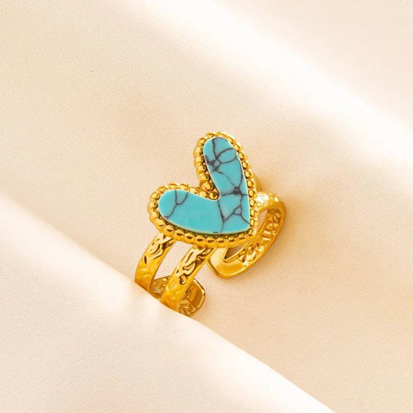 Classic Retro Turquoise Finger Jewelry Stainless Steel Rings For Women Men Accessories Open Adjustable 18k Real Gold Plated Ring