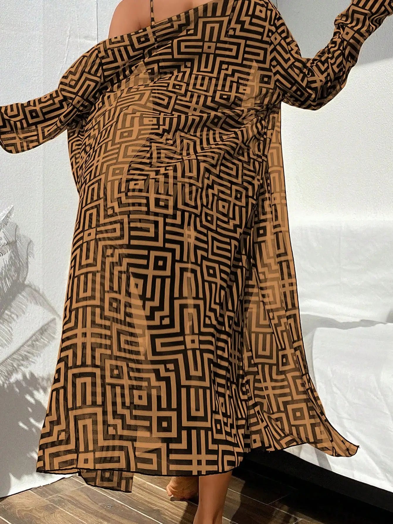 Women's Beach Summer Geometric Print Three-Piece Swimsuit Set with Long Sleeve Beach Cover-Up, Polyester Knit Fabric with Elasta