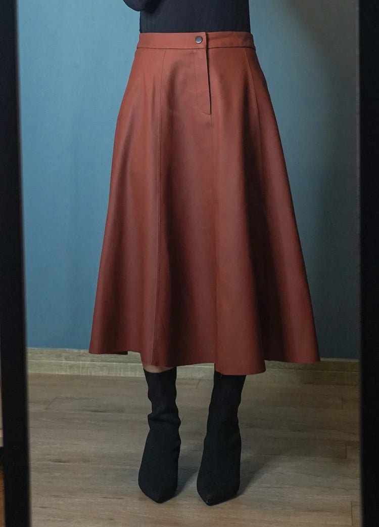 Women Caramel Genuine Leather Skirt 2025 Winter Female Natural Skin A-line Simple Big Hem Pleated Long Faldas Apricot Ropa Mujer