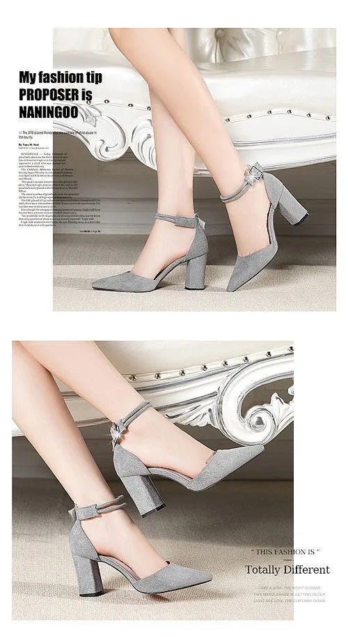 2025 Summer Square High Heels Women Shoes Flock Pointed Sandals Sexy Female Sandalias Shoes Ankle Buckle 6cm Heel Casual Pumps