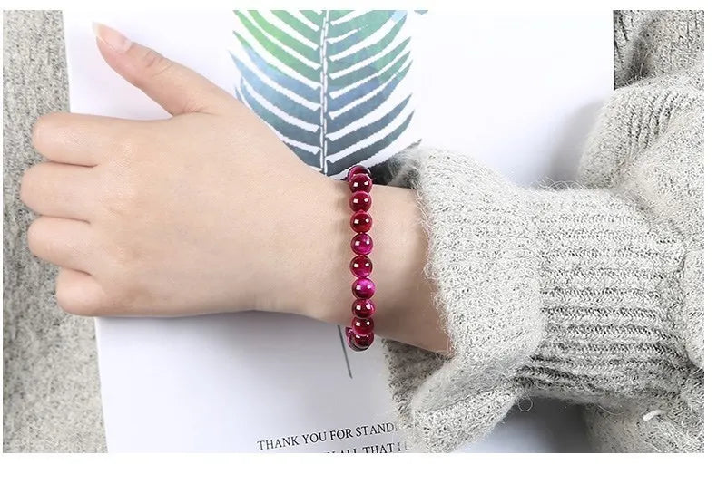 JD Natural Fuchsia Tiger Eye Stone Minerals Round Loose Beads Jewelry  Good Lucky Elastic Bracelet New Year Gift