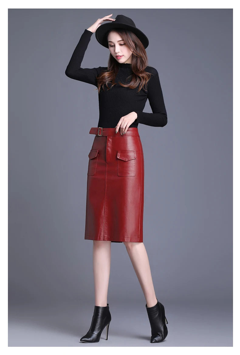 ZUZK Women  Knee Length PU Leather Skirt   Spring Autumn Solid Color Casual Straight Skirts PU Leather Skirts  3 Colors