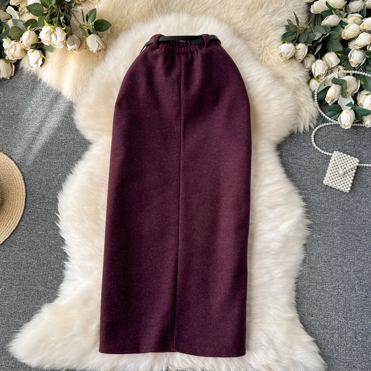 Woolen Midi Skirt Women Autumdn Winter High Waisted Elegant Pencil Skirt Female Slim Split Work Skirts