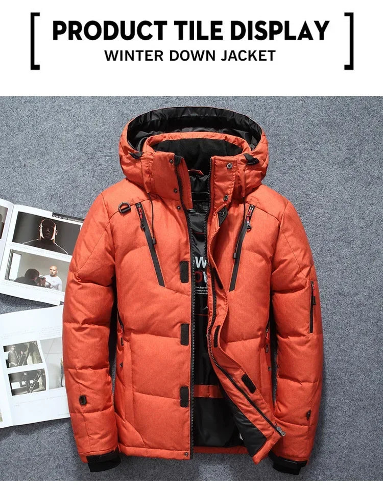 -20 Degree Winter Men White Duck Down Jacket Thick Warm Snow Coat Male Hood Windbreaker Down Parkas Outerwear Sportswear Puffer