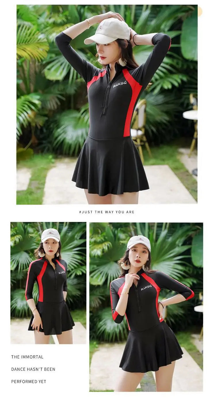 Female Swimsuit Manufacturer Korean Version Plus Size Spring Long Sleeved Jumpsuit Style Conservative Belly Covering Swimsuit