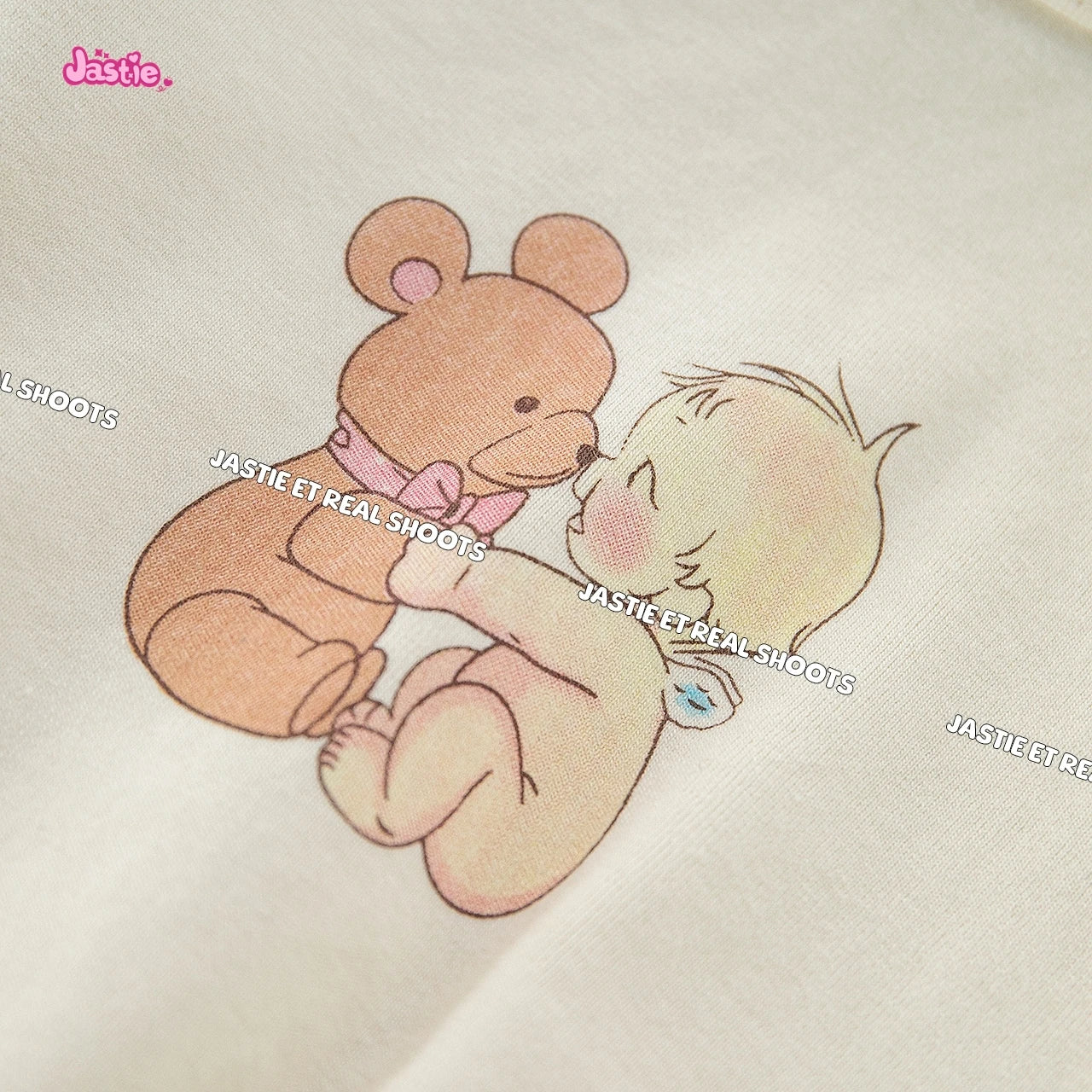 Cartoon Print Beige T-shirts Women 2024 Summer Streetwear Round Neck Short Sleeve T Shirt Female Vintage Chic Y2k Crop Top