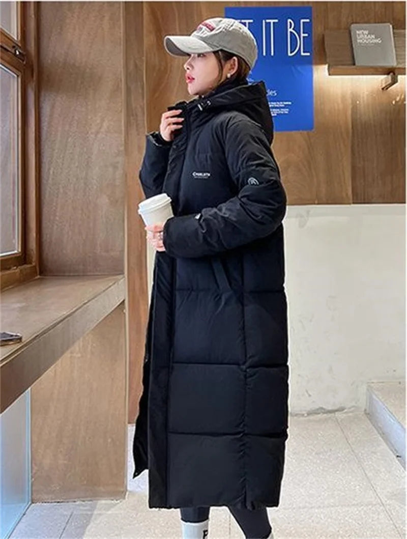 2025 Solid Long Down Parka Women with  Hood  Cotton Padded Jacket Winter Overcoat Fashion Thicken Warm Puffer Coat Female