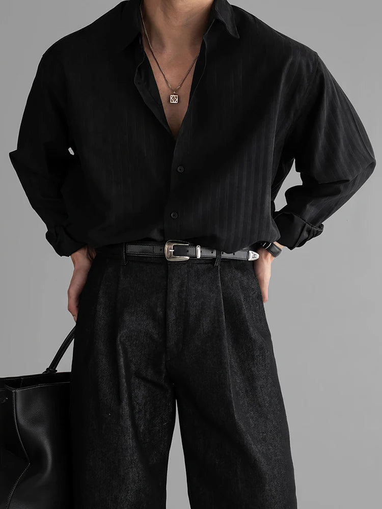 Vintage Striped Textured Shirts Men's Spring Autumn Outdoor Casual Button-up Shirt Long Sleeve Mens Fashionable Lapel Cardigans