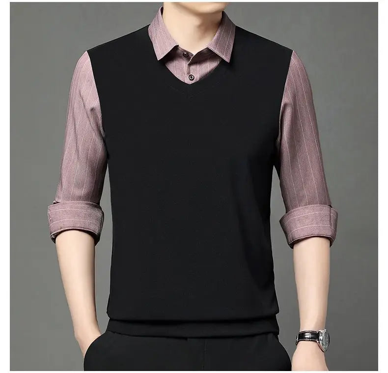 Fake Two Pieces Men Polo Shirts Turn-down Collar Striped Patchwork Business Casual Thermal Long Sleeve Comfortable Knitted Tops