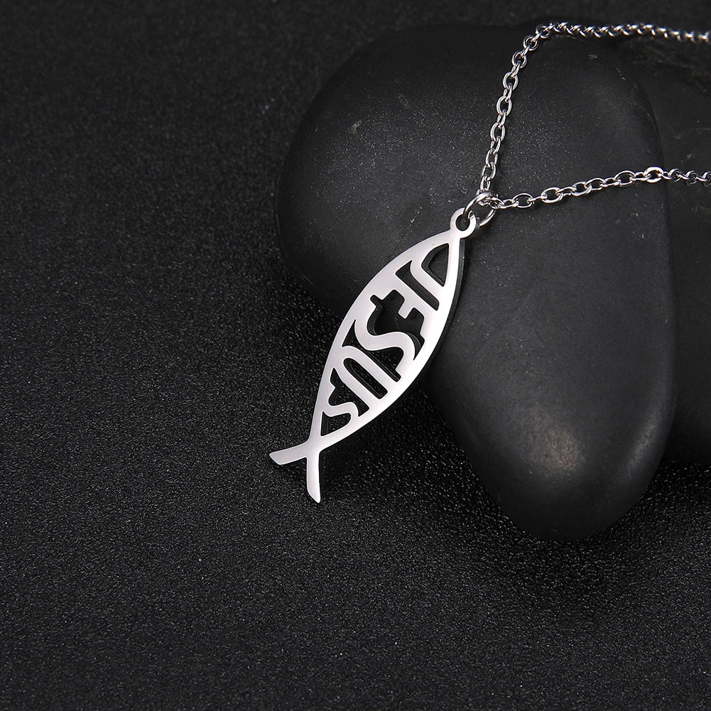LIKGREAT Christian Jesus Fish Pendant Necklace for Women Stainless Steel Ichthys Faith Pray Choker Jewelry Valentine's Day Gifts