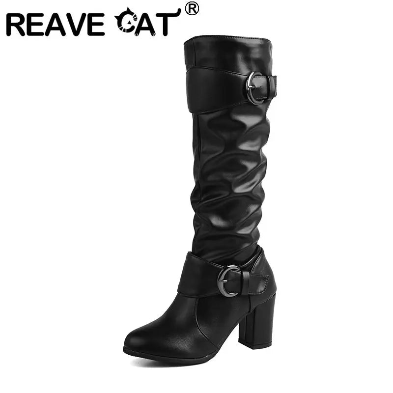 REAVE CAT Classic Women Knee High Boots Round Toe Block Heels 7.5cm 51 52 Pleated Fashion Booties