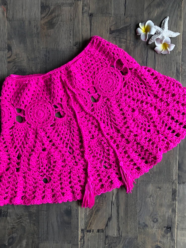 New Sexy Crochet Tassel Beach Skirt Cotton Swimsuit Fused Skirt Casual Beach Running Lace See Through Slim Mini Skirts