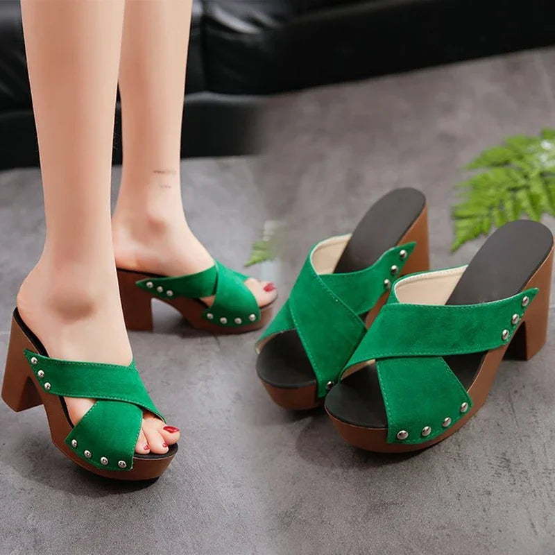 Women Sandals 2024 Summer New Square Platform Flock Casual Rivet Pumps Female Peep Toe Elegant High Heels Shoes Zapatos De Mujer