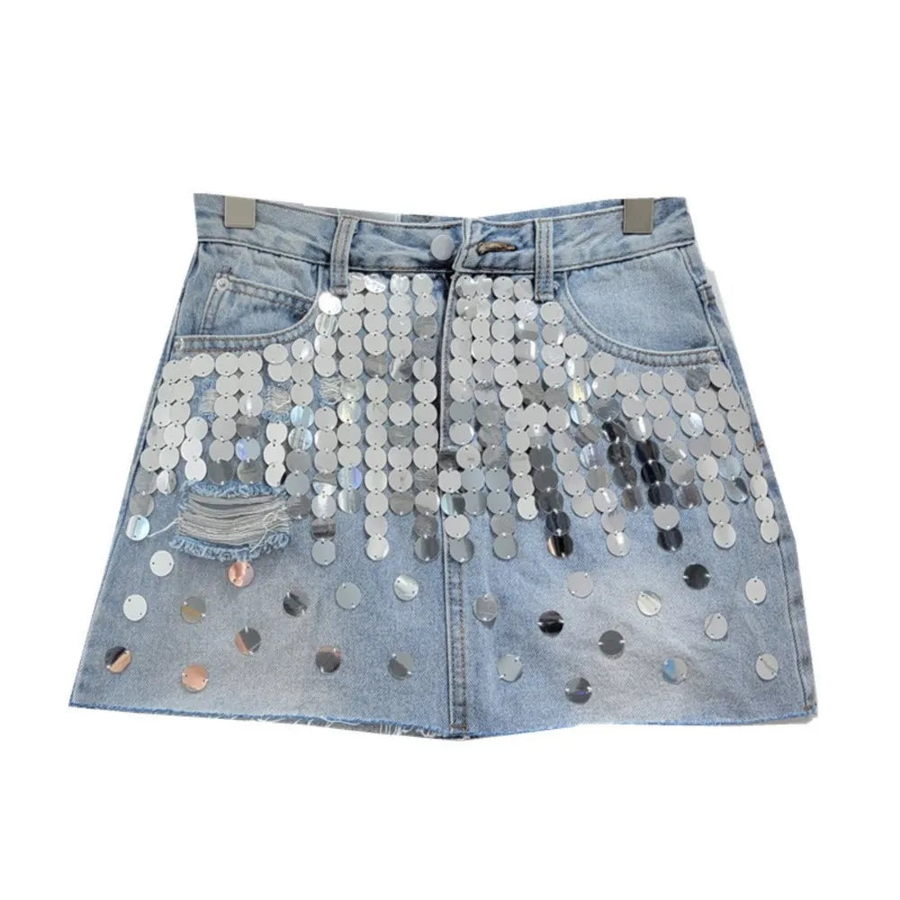 Summer new high waisted A-line sequins raw edges denim skirt for women