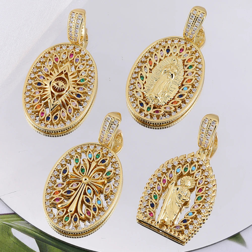 Juya 18K Real Gold Plated Religious Pendant Jewelry Making Supplies Creative Saint Mary Virgin Christian Cross Charms Supplies