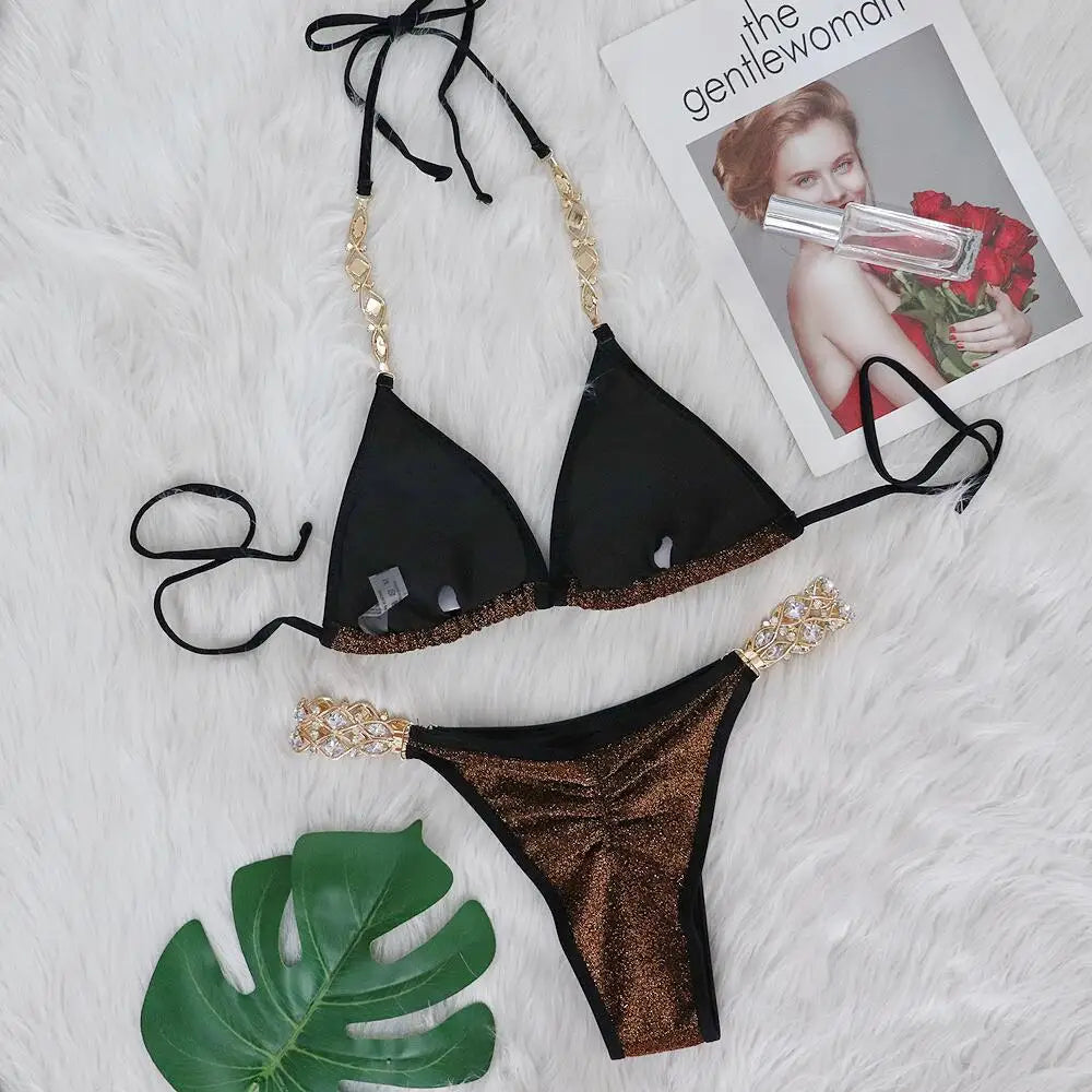 Sexy Bikinis Swimsuits Woman 2025 Luxury Rhinestones Push Up Diamond Thong Swimwear Shiny Gold Beach Bathing Suit Bikini Set