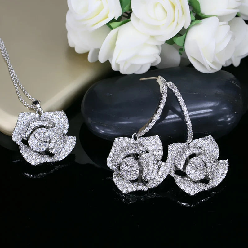ThreeGraces Elegant Cubic Zirconia White Gold Color Rose Flower Dangle Earrings Necklace Summer Prom Jewelry Set for Women JS594
