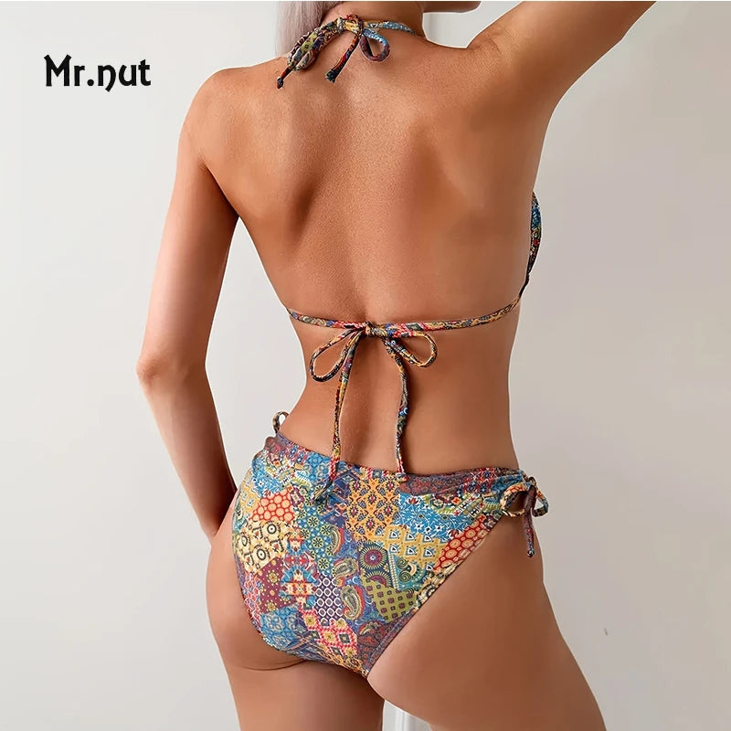 Mr. Nut 2025 New Neck Print Lace Up Split Swimsuit Women Sexy Bikini Beach Leak Back Swimsuit Bikini