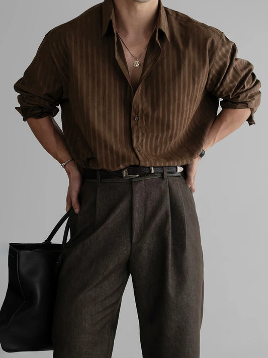 Vintage Striped Textured Shirts Men's Spring Autumn Outdoor Casual Button-up Shirt Long Sleeve Mens Fashionable Lapel Cardigans