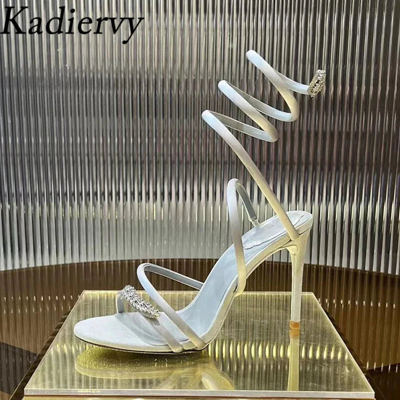 Summer High Heels Sandals Woman Butterfly-knot Rhinestone Snake Twine Around Ankle Strap Wedding Shoes Thin Heels Sandals Women