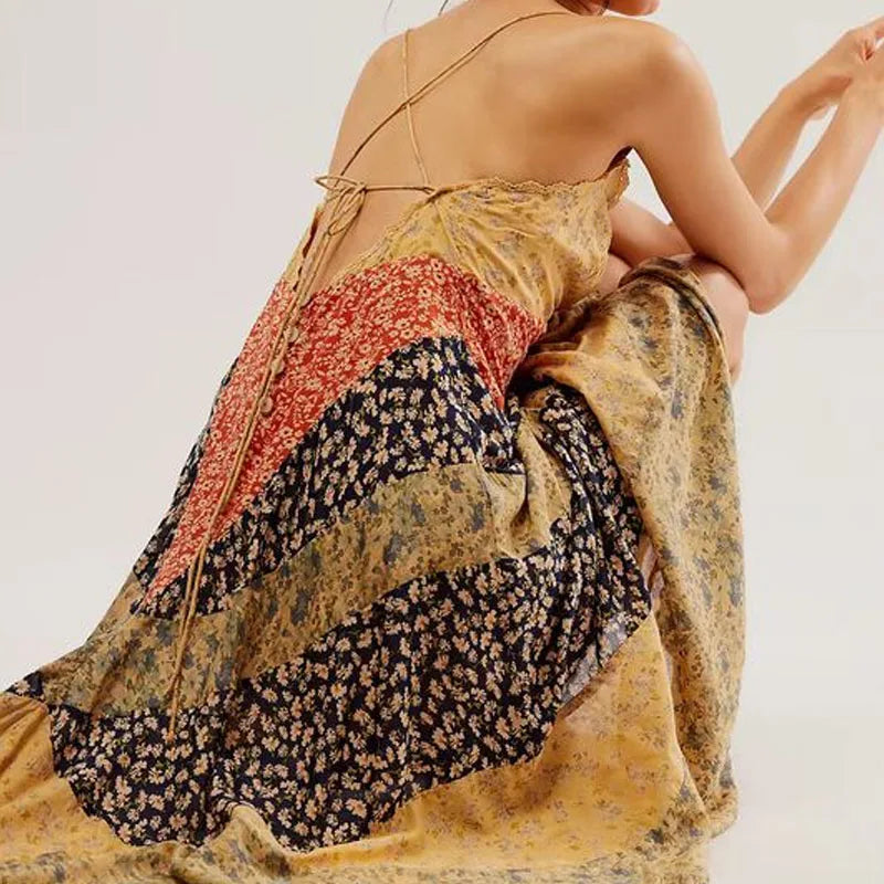 Sexy V-neck Sleeveless Slim Bohe Vacation Dress Vintage Backless Pleated Print Long Dress Elegant Irregular Women's Party Dress