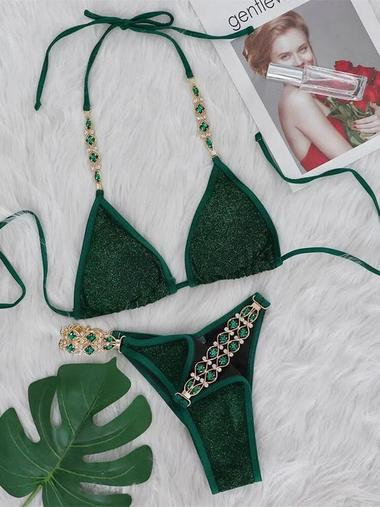 Sexy Bikinis Swimsuits Woman 2025 Luxury Rhinestones Push Up Diamond Thong Swimwear Shiny Gold Beach Bathing Suit Bikini Set