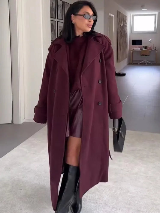 HH Women Elegant Wine Red Coat With Belt Lapel Full Sleeve Double Breasted Lady Overcoat Autumn Winter Female Outwear