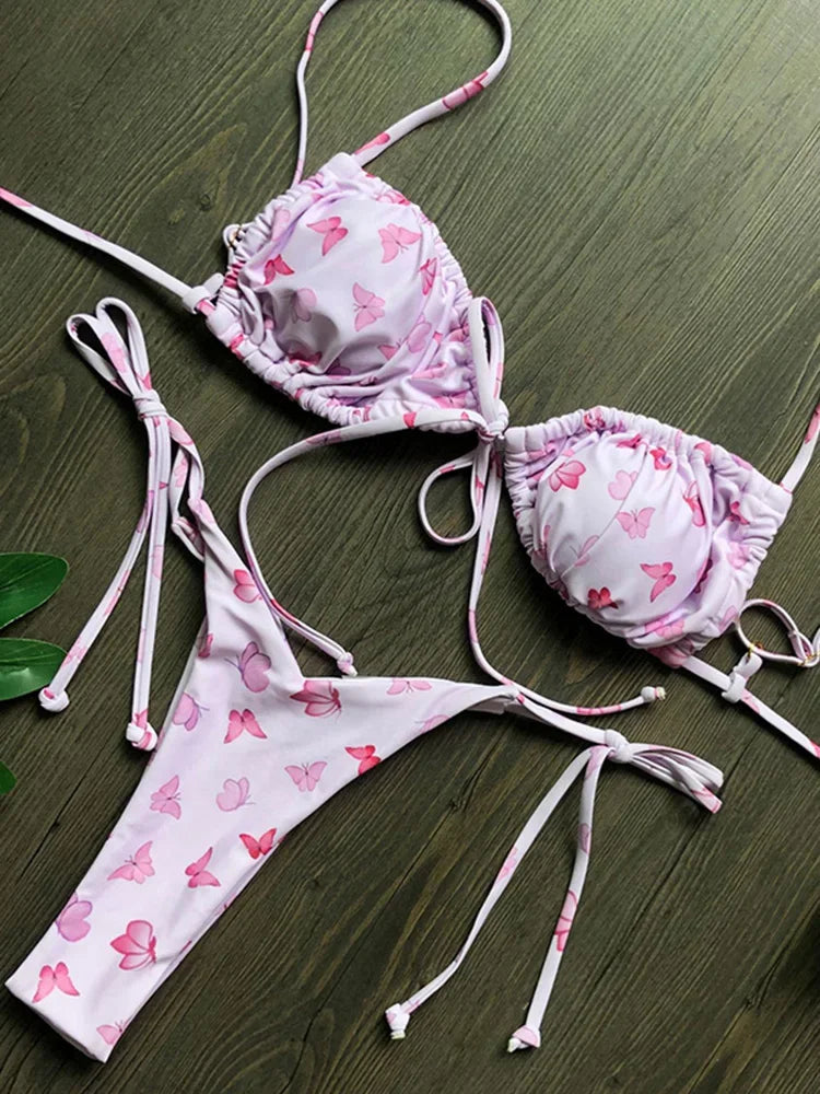 Sexy Printed Ruffled Frilled Thong Bikini Women Swimwear Female Swimsuit Two Pieces Bikini set Micro String Bathing Suit Swim
