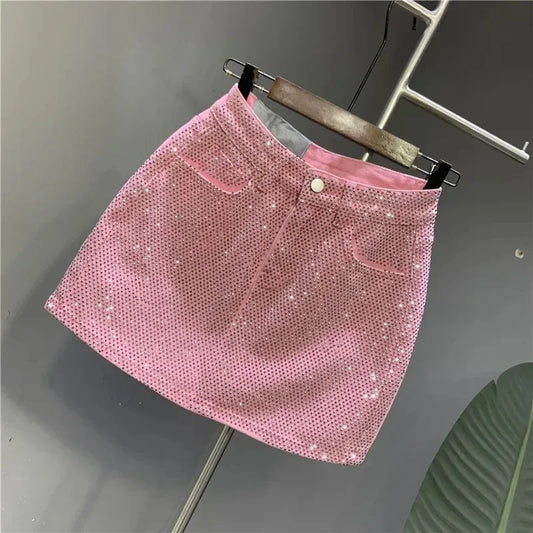 Heavy Industry Hot Drilling High-End Denim Skirt 2024 Spring And Summer New High Waist Pink Sexy