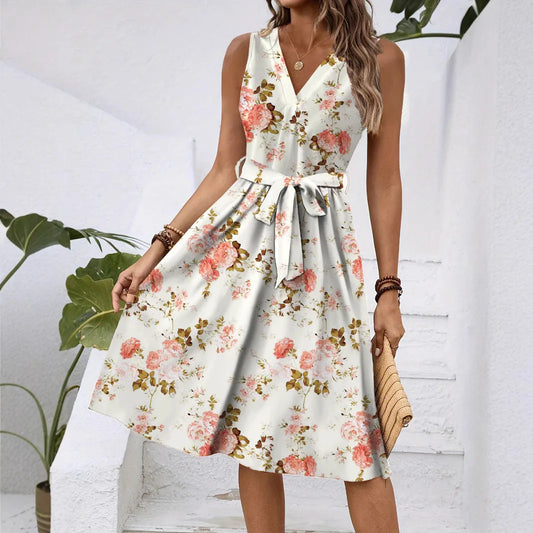 Dress Women Flower Print Dresses Sleeveless V Neck Lace Up Tight Waist Knee Length A Line Office Lady 2025 Summer Vestidos