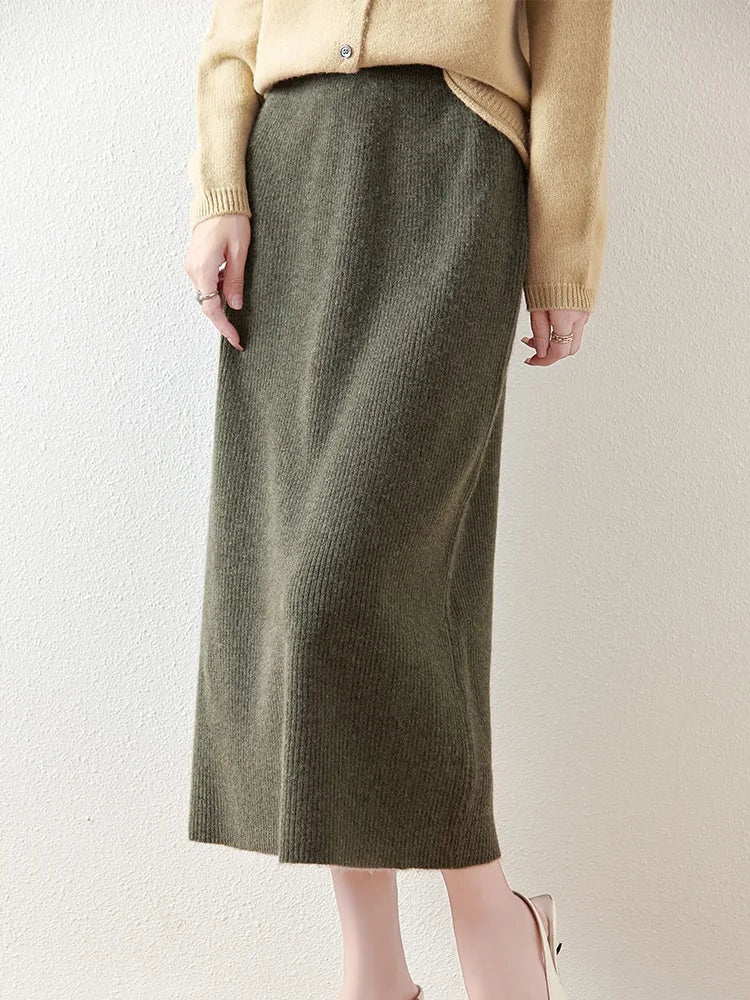 100% Merino Wool Knitted Half Skirt Autumn Winter Women's Elegant A-line Skirt High Waisted Mid Length Slimming Thick Warm Dress