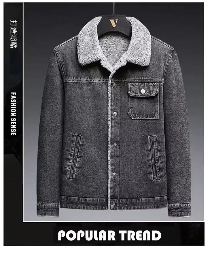 2025 Men's fleece denim jacket, autumn and winter warmth, casual, teen slim jacket