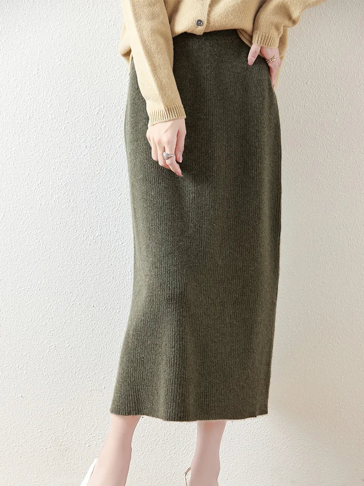 100% Merino Wool Knitted Half Skirt Autumn Winter Women's Elegant A-line Skirt High Waisted Mid Length Slimming Thick Warm Dress