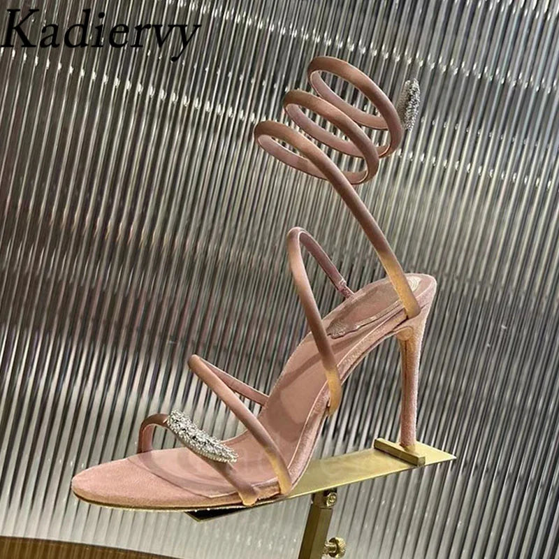 Summer High Heels Sandals Woman Butterfly-knot Rhinestone Snake Twine Around Ankle Strap Wedding Shoes Thin Heels Sandals Women