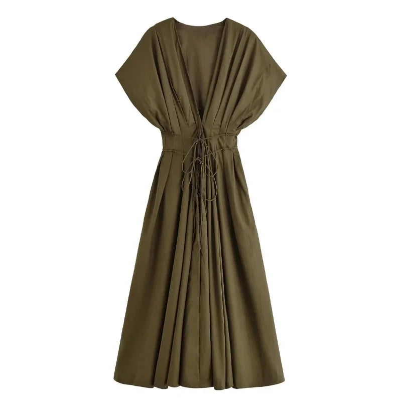 Slimming Casual Short Sleeve Pleated Shoulder Draped Dress Versatile Women's Fashion Design Knee-Length V-Neck Dress
