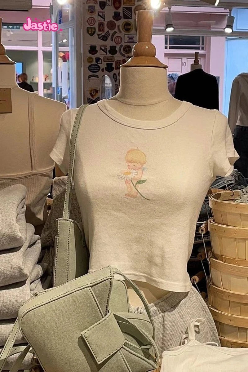 Cartoon Print Beige T-shirts Women 2024 Summer Streetwear Round Neck Short Sleeve T Shirt Female Vintage Chic Y2k Crop Top