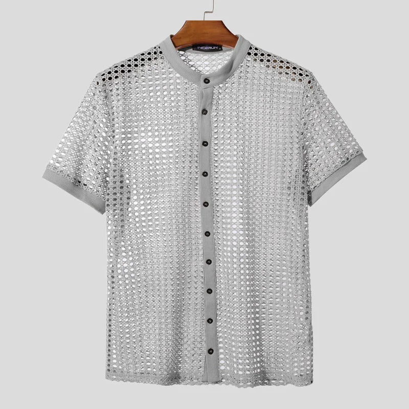 INCERUN Men Shirt Mesh See Through Hollow Out O-neck Short Sleeve Men Clothing Streetwear Summer 2025 Loose Fashion Male Tops