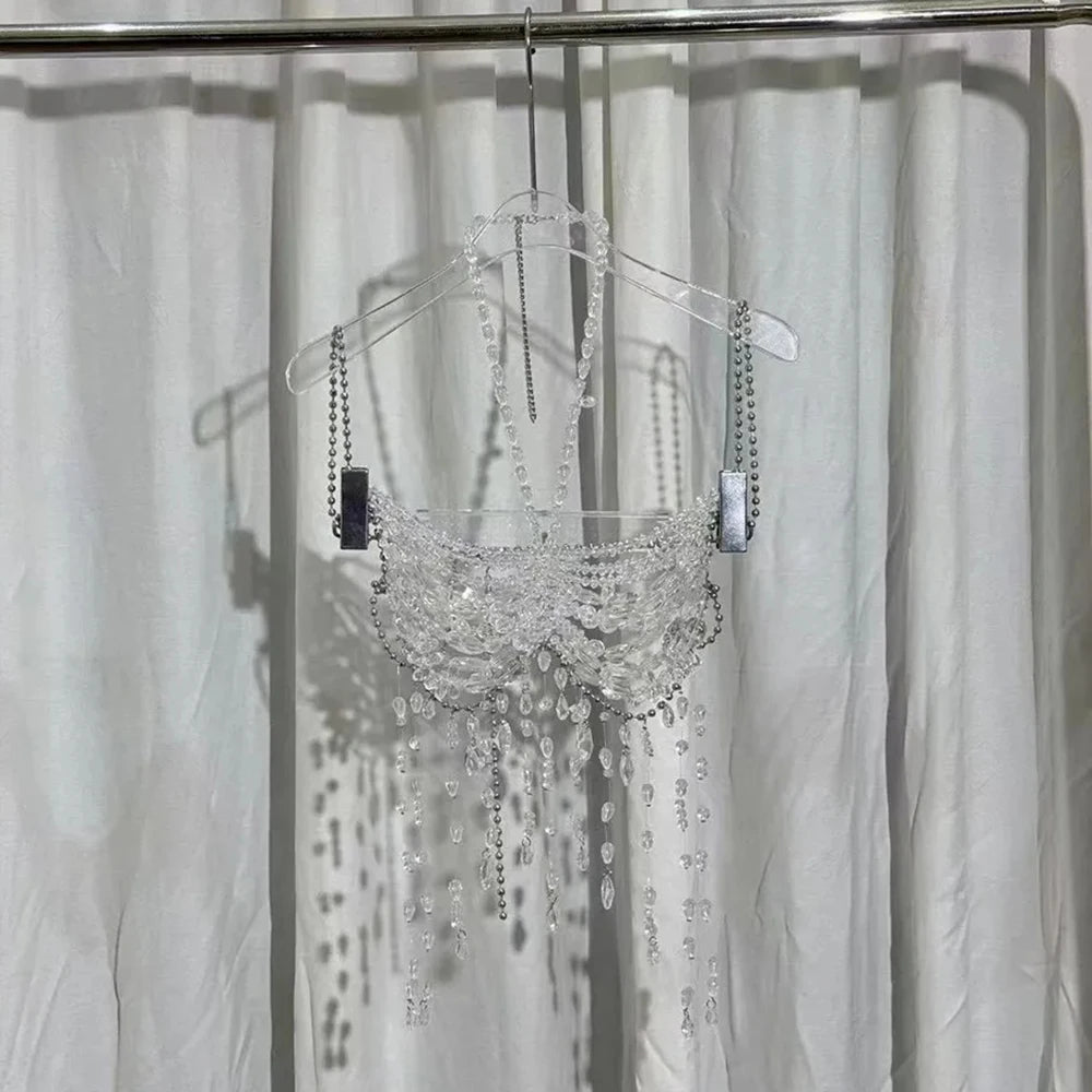 Sexy Europe And The United States Crystal Pearl Female Vest Handmade Street Shooting Bra Top Hollow Body Chain Holiday Swimsuit