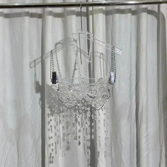 Sexy Europe And The United States Crystal Pearl Female Vest Handmade Street Shooting Bra Top Hollow Body Chain Holiday Swimsuit