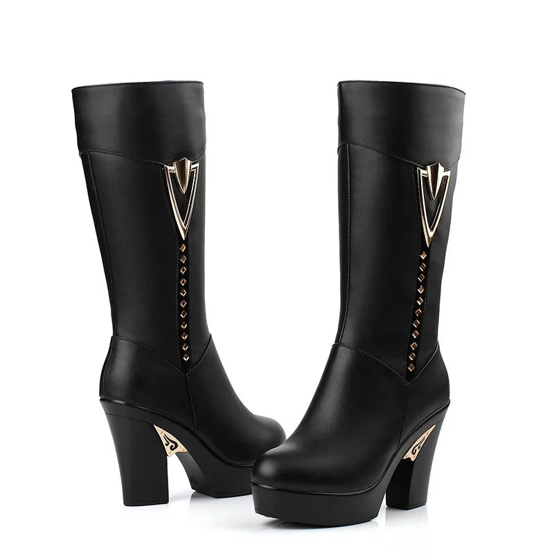 AIYUQI Winter Women Boots First Layer Of Leather High Heeled Genuine Leather Boots Gaotong Thick With Long Barreled Boots Wool