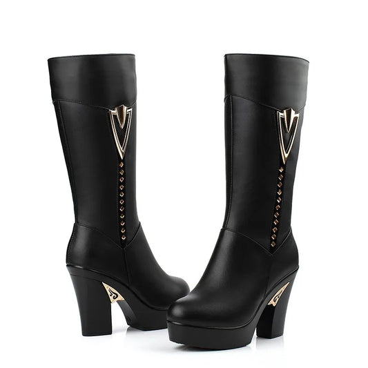 AIYUQI Winter Women Boots First Layer Of Leather High Heeled Genuine Leather Boots Gaotong Thick With Long Barreled Boots Wool