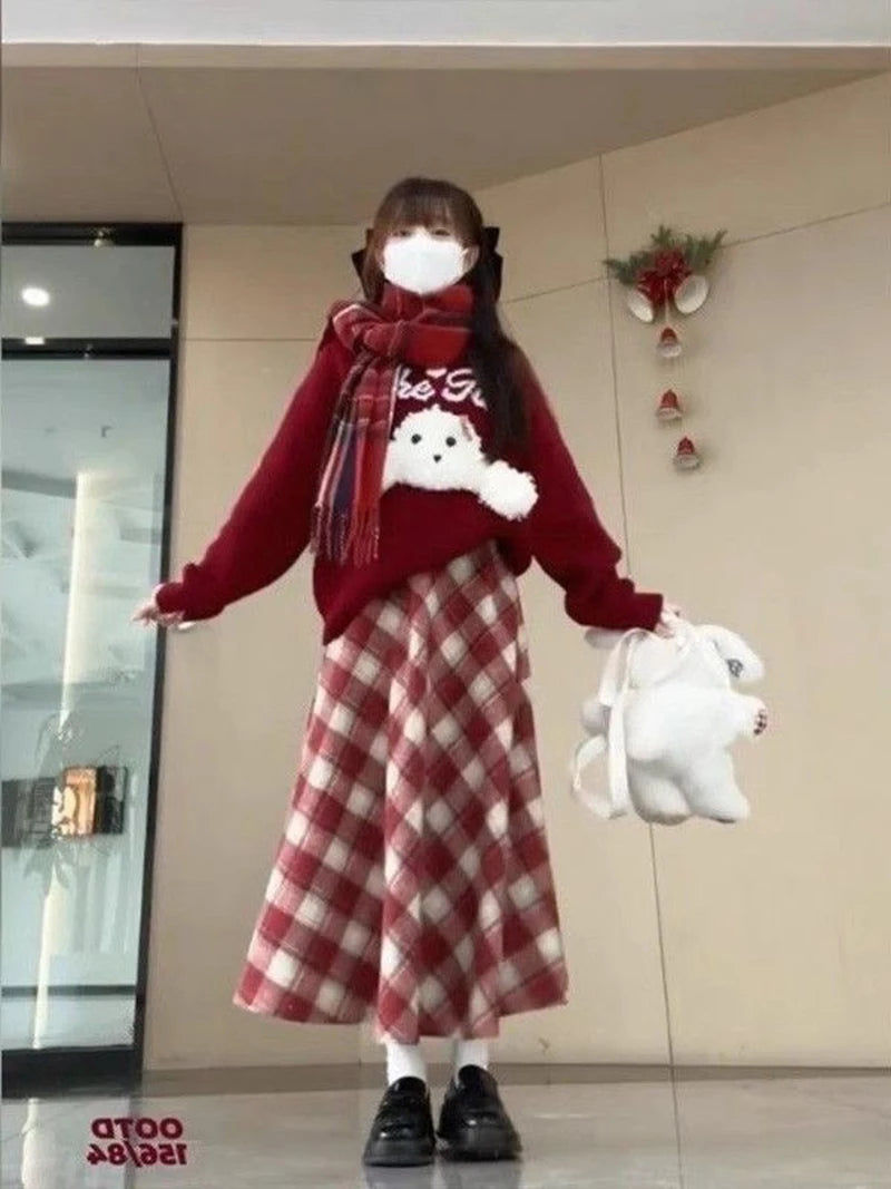 Red Plaid Midi Skirt Women Fall Winter Vintage High Waist Sweet Woolen Cloth Skirts Retro Loose Preppy Aesthetic Female Skirt