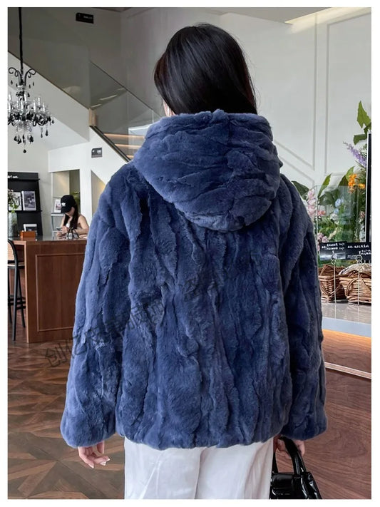 100% Real Rabbit Fur Coat Women Winter Loose Hooded Zipper Natural Fur Jacket Thick Warm Woman Clothing Female Furry Outerwears