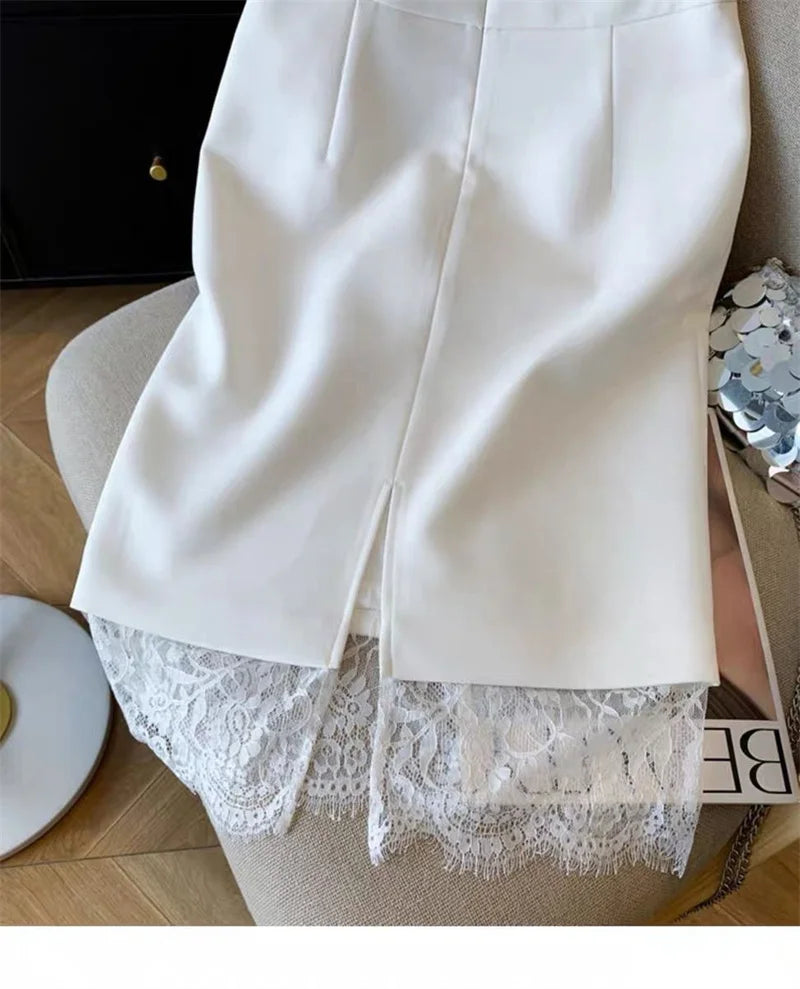 Autumn New Sexy Women's Slim Temperament Bag Hip Skirt Elegant Lace Patchwork Office Lady Midi Skirt Fashion Split Jupe 432P