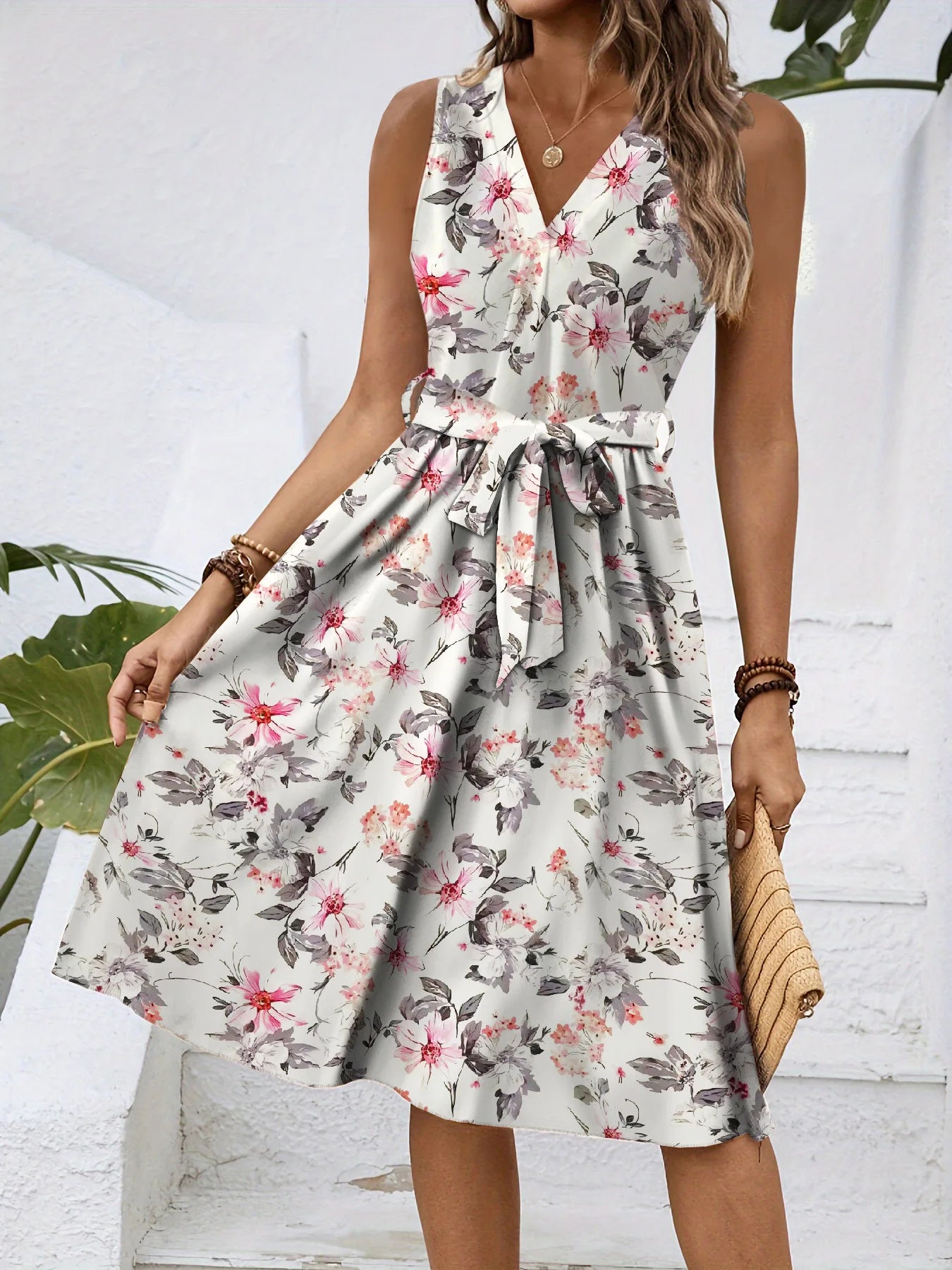 Dress Women Flower Print Dresses Sleeveless V Neck Lace Up Tight Waist Knee Length A Line Office Lady 2025 Summer Vestidos