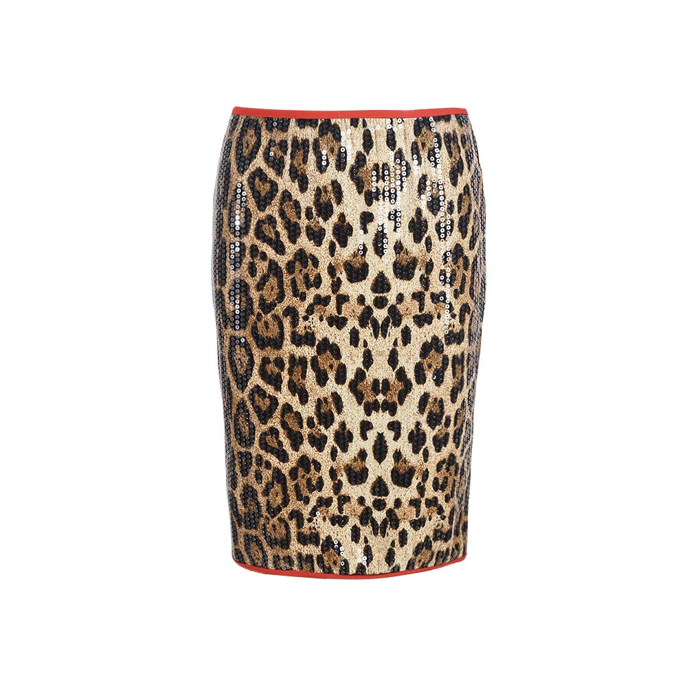 CMYAYA High Waist Women's Midi Skirt Leopard Sequined Sweet Slim Sexy Casual Elastic 2025 Spring Street Night Skirts Vacation