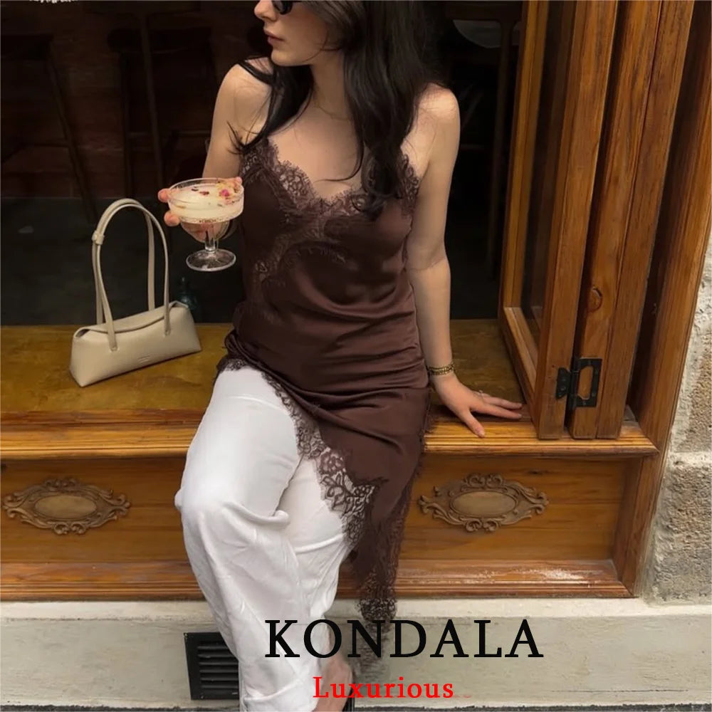 KONDALA Satin Sexy Lace Spliced Short Sling Dress Women Sleeveless Backless Asymmetric Sexy Party Dresses 2025 Autumn Lady Dress