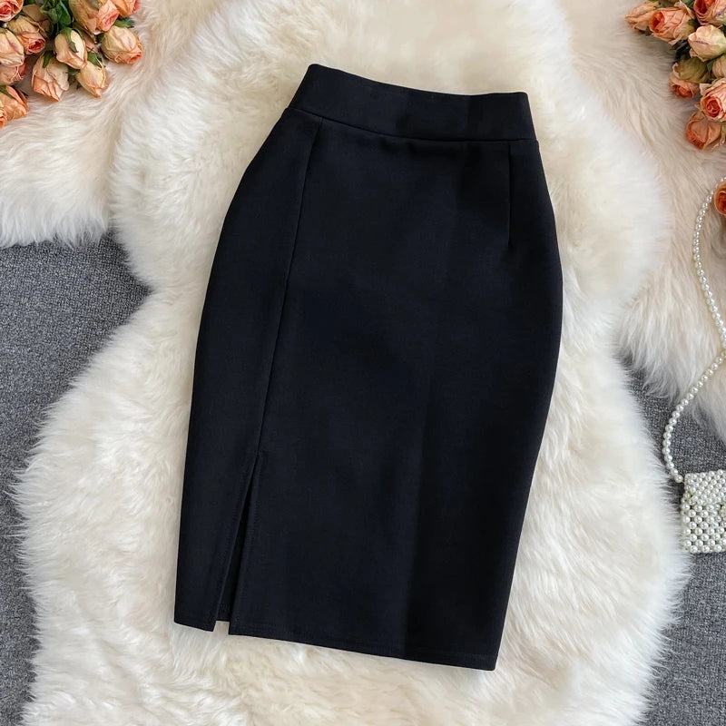 High Waist Midi Skirt Women's OL Profional Slimming Side Slit Wrap around A-Line One Step Skirt Korean Sle Commute Pure ...