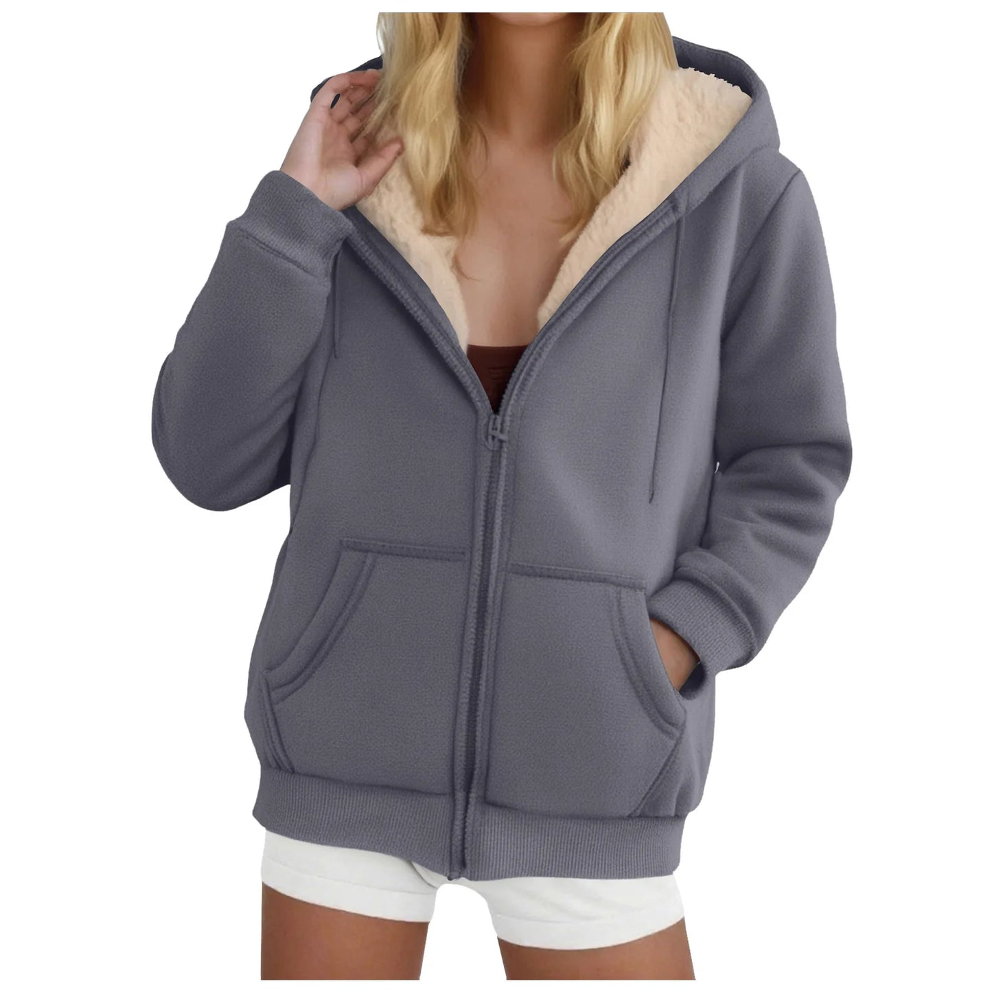 Women's Fleece-Lined Thickened Hooded Sweatshirt Solid Color Autumn Winter Thick Warm Hoodies Zipper Up Pocket Loose Jackets
